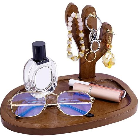 Wooden Key Tray and Bowl Key Ring Cactus with 4 Hooks Wooden Saucer for Entrance Table, Bedroom, Wallet, Lipstick Jewellery Organizer, 6 x 24.5 x 16.5 cm (1/5)
