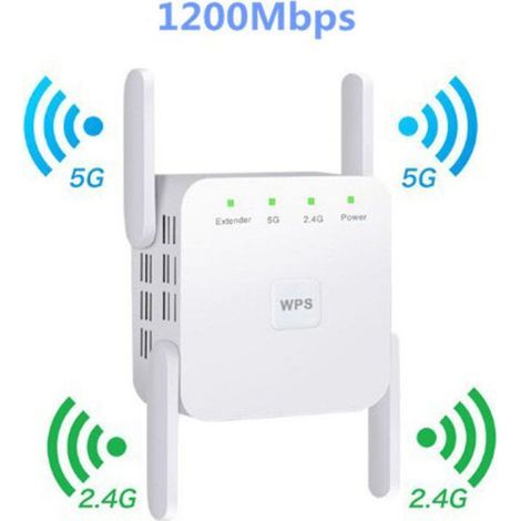 Répéteur Wi-Fi 1200 Mbps – Double bande 5 GHz et 2,4 GHz – Couverture jusqu'à 2000 pieds carrés – 4 antennes à gain élevé