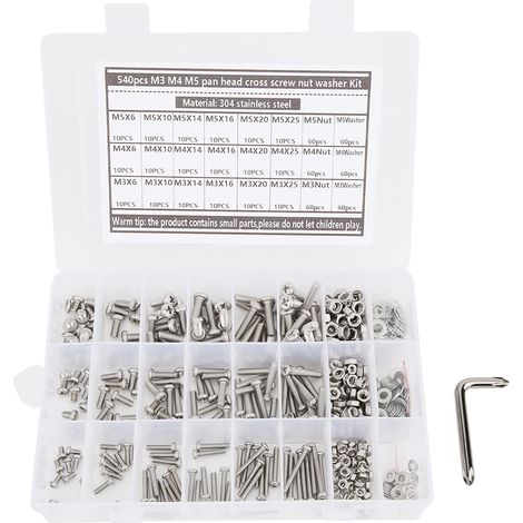 cosse a sertir-Kit de 540 vis à tête plate avec empreinte hexagonale en acier inoxydable 304 M3 M4 M5 (avec écrous, rondelles et tournevis double usage) (1/5)