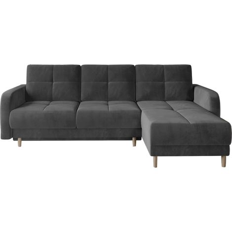 Canapé d'angle convertible et réversible velours KINDO - Pieds bois clair-Gris foncé (1/5)