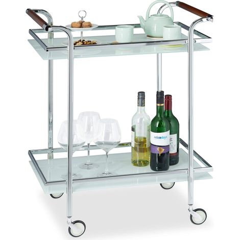 argent Desserte de Cuisine verre opale, 2 étages, Table Roulante, Chariot de Service, roulettes, 85x66x43 cm, acier, 85 x 66 x 43 cm (1/5)