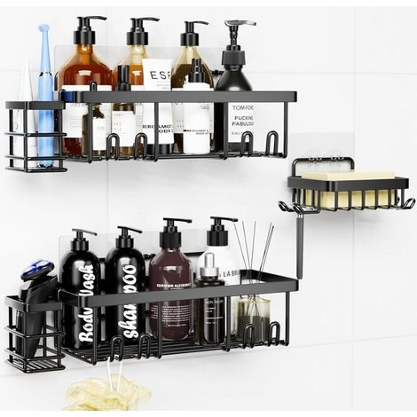 Etagere Douche Sans Percage, Etagere Salle de Bain Accessoire Étagère Douche Sans Perçage Acier Inoxydable 304, 5 Pièces Noir Etagere Rangement