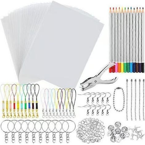 Kit de 198 pièces de papier rétractable thermorétractable, comprenant des perforatrices, des porte-clés et des stylos pour le dessin à faire soi-même. (1/5)