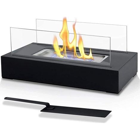 Cheminée bioéthanol，Cheminée Éthanol de Table Portable,Réctangulaire, Noir, en Acier Inoxydable, 2 Panneaux en Verre, pour Intérieur/Extérieur Poêle Bioéthanol, à Poser au Sol, Mobile (1/4)