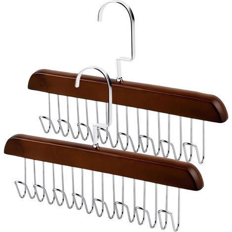 Porte-ceintures pour homme - Lot de 2 organisateurs de ceintures avec 16 crochets métalliques, organisateur de soutien-gorge - Support de ceinture antidérapant, gain de place, porte-ceintures, marron (1/5)