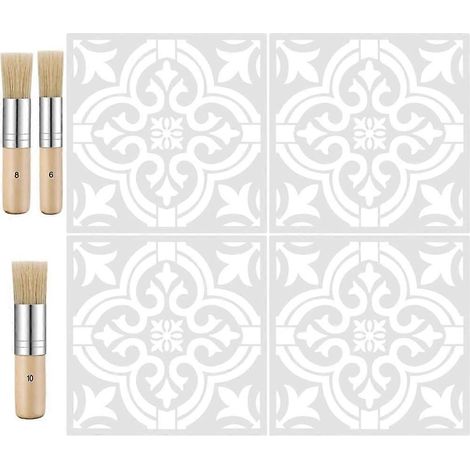 Ensemble de 7 pochoirs pour carrelage et pinceaux en bois, comprenant 3 pinceaux à poils pour sols, murs, meubles et décoration intérieure. (1/5)