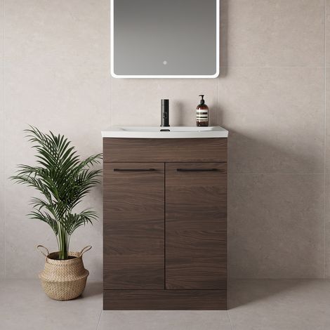 Napoli 390 Brown Oak 600mm 2 Door Vanity Unit with Arc Basin - 600mm - Matt Black 160mm Handle