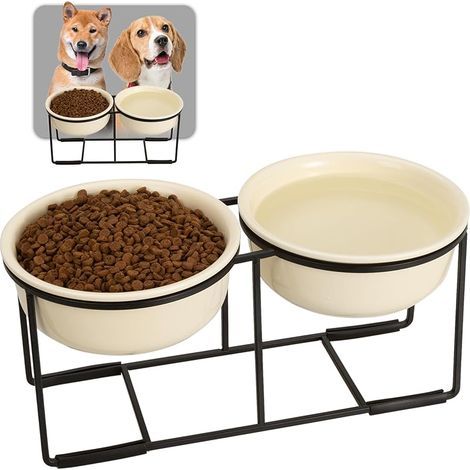 Gamelle Chien Surélevée Ceramique Double - Lot de Bol Chien avec Support en Métal Antidérapant - Gamelles Chiens Hautes pour Nourriture et Eau - Adapté aux Petits et Moyens Chiens - 2 x 800 ml - Beige (1/5)