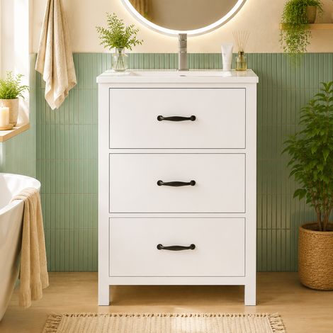 61 x 47 x 83 cm, lavabo sur pied, entièrement laqué, trois tiroirs, rails coulissants silencieux, vasque en céramique monobloc, blanc. (1/4)