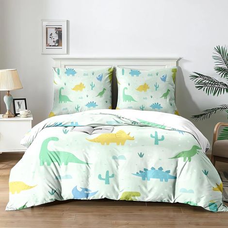 Housse de Couette et Parure de Lit sur Le Thème des Dinosaures pour Enfant - Ensemble de Lit 3 Pièces (200x200 cm + 2x65x55 cm) - Confort Respiration, Idée Cadeau.(KL1x200) - 200x200 (1/5)