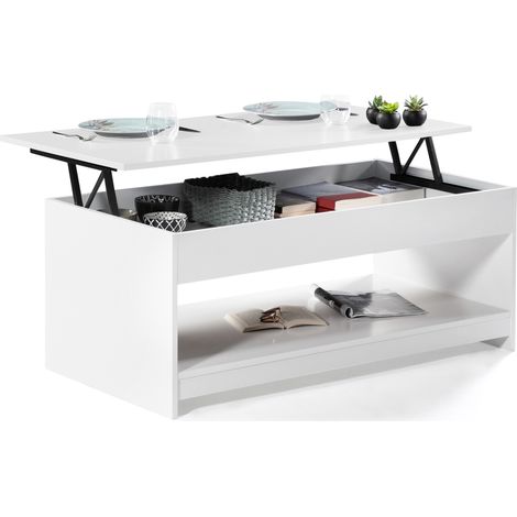 Idmarket – Table basse rectangulaire plateau relevable – Bois blanc MDF – Dimensions 110x60,5-80x45,5-57cm – Espace de rangement intégré