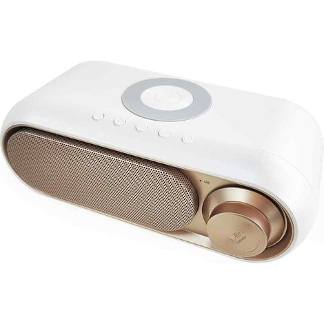 1 Chargeur sans fil, haut-parleur Bluetooth, horloge-réveil numérique, 10 W, 15 m portée, blanc (1/5)