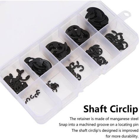 Kit de 120 Circlips EClip Snap en Acier au Manganèse Noir, Anneaux de Retenue Ouverts, Taille 1.5-10mm, Boîté (1/5)