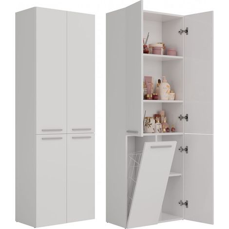 Colonna bagno bianca opaca 1K/DD – 5 ripiani e cestino – Design elegante e maniglie minimaliste – Mobile bagno pratico e funzionale (1/5)