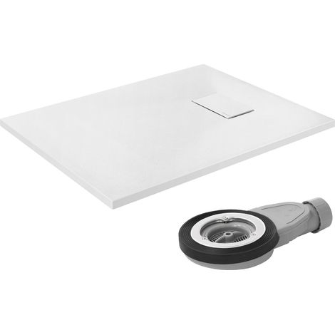 LuxeBath Duschwanne 90x70 cm Weiß mit Ablaufgarnitur, Extra flache und robuste SMC Duschtasse, Rechteckige Brausewanne H:30 mm, Design Brausetasse Anti-Rutsch-Oberfläche in Schieferoptik mit Siphon (1/5)