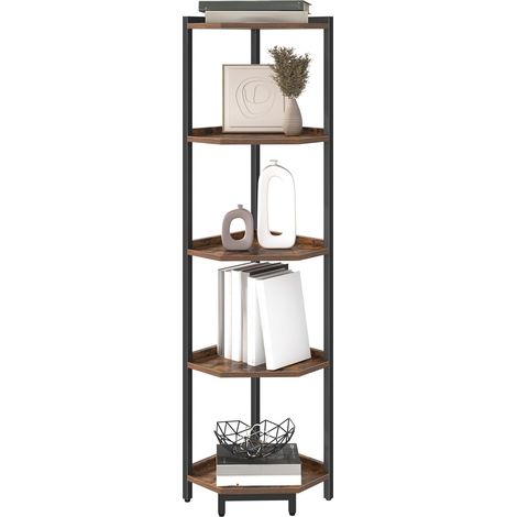 Étagère d'angle 5 niveaux – Panneau de particules et métal – Charge max 100 kg – Pieds réglables et kit anti-basculement