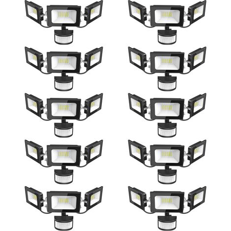 Projecteur LED Détecteur de Movement - 50W 5000LM Ultra Lumineux 3 Tête Spot LED Extérieur, IP65 Etanche Éclairage de Sécurité Extérieur PIR pour Cour Porche Jardin Garage, 10 Pack (1/5)