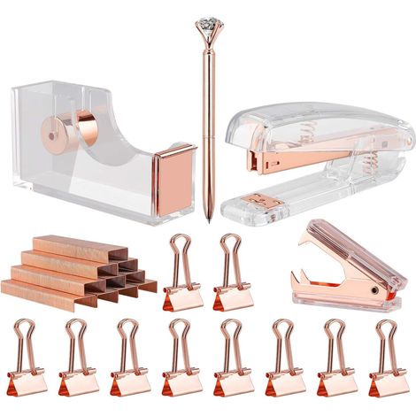 Kit Accessoire Bureau - Agrafeuse - Désagrafeuse - Distributeur de Ruban Adhésif - Stylo Bille à Diamant - Agrafes - Clips Classeur - Rose Gold - 17 Pièces (1/5)