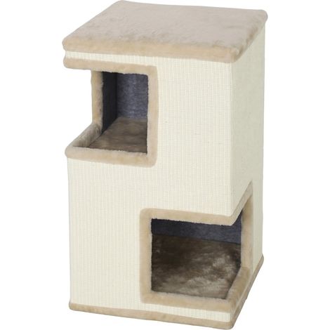 Tour à griffer 40x40x67 cm en sisal beige, 2 niches pour chats, gain de place – MEUBLIV (1/5)