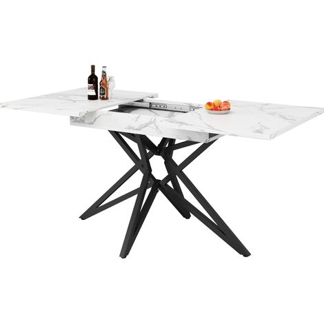Table de salle à manger extensible 120 (160) x 80 cm, table de cuisine extensible, table de petit-déjeuner, pieds de table en étoile, pieds en fer noir, plateau aspect noyer / imitation marbre (1/5)