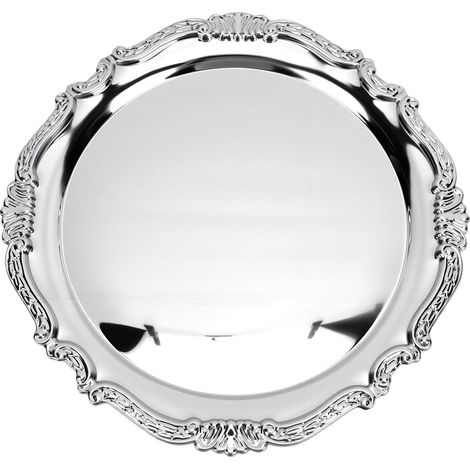 Plat de service en acier inoxydable 304, style européen, 32,5 cm de diamètre, polyvalent, pour desserts, gâteaux, fruits, amuse-gueules et fêtes. (1/5)