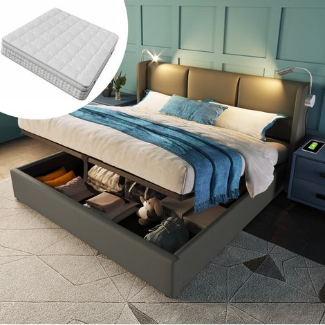 Lit coffre capitonné 160x200 cm gris PU avec tête de lit, liseuse, USB et matelas H3 7 zones (1/5)