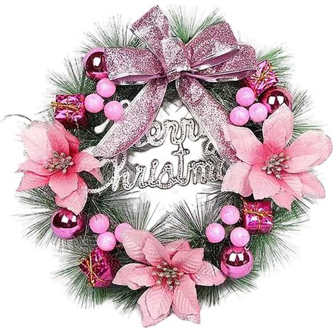 Guirlande De Noël - 30 Cm - Décor Festif Rose Avec Nœuds Et Fleurs - Pour Intérieur Et Extérieur - 1 Pièce (1/4)
