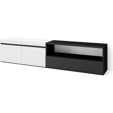 Skraut Home - Mueble TV, Televisión, Muebles de salón, almacenaje, 200x45x35cm, Para TV hasta 80", Con almacenamiento, Estilo Moderno, Blanco y negro (1/5)
