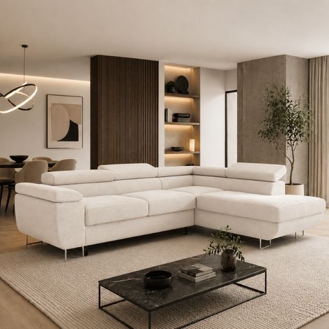 ANTONI - Canapé d'angle convertible en tissu avec têtières réglables - 4 places - 270 CM - Beige (1/5)