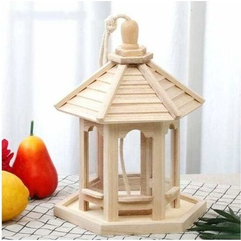 Mangeoire à oiseaux en bois fait main – Distributeur suspendu pour jardin – Capacité 1000 ml – Design hexagonal avec toit en pente (1/5)