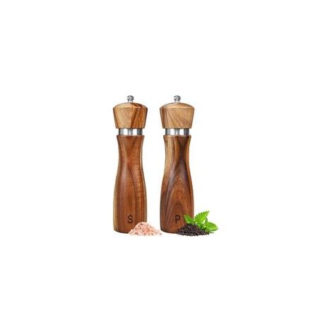Moulin à sel et à poivre en bois d'acacia (deux pièces), ensemble de moulins à sel et à poivre en bois, salières et poivrières - 20 cm (1/4)