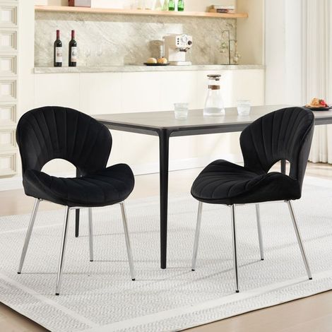 Chaise de cuisine chaise repas en velours dossier évidé dossier incurvé assise rembourrée pieds argentés coloris noir (1/5)