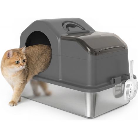 Maison de toilette pour chat - PawHut - fermé, avec couvercle amovible, côtés hauts, pour grand chat - 60,5x40,5x45cm - gris foncé (1/5)
