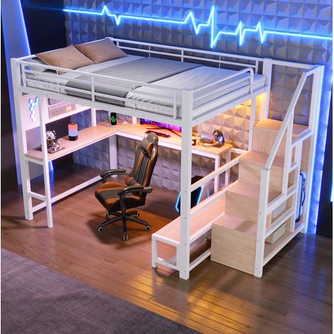 Cama alta 140x200 cm blanca en metal y MDF con escritorio, LED, puertos USB/USB-C y almacenamiento (1/5)