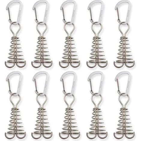 Confezione da 10 picchetti di ancoraggio al soffitto con moschettoni e fibbia a molla, tenditori per corde da tenda in acciaio inossidabile, picchetti per tenda, corde elastiche per campeggio, escursi