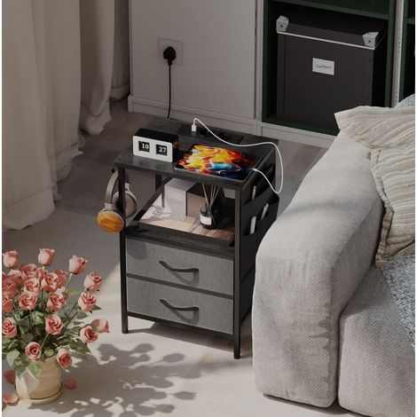 Table d’appoint avec station de charge, cadre en acier, 40 x 30 x 60 cm, noire (1/5)