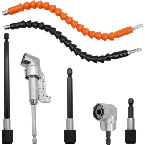 7 PCS Kit D'extension D'angle Avec 2 PCS Perceuse à Angle Droit 105°pour Perceuse 3PCS Tages D'extension à Tige Hexagonale 1/4"2 PCS Tige D'extension Flexible (1/5)