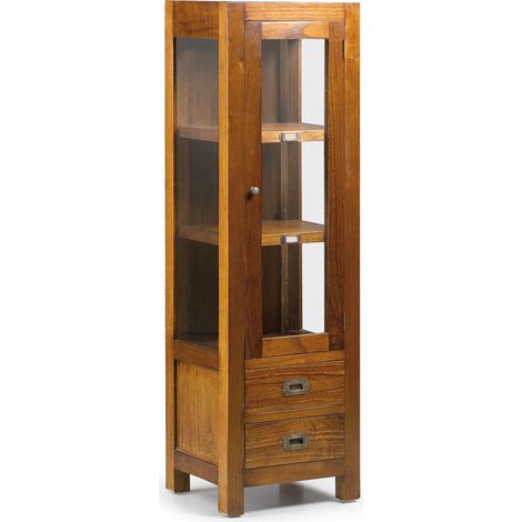 Vitrine en bois massif de Mindy 1 porte 2 tiroirs 2 étagères Orka 40cm (1/5)