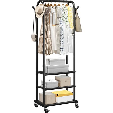 VEVOR Portant a vetements avec roulettes, porte-manteau en acier carbone avec tringle de suspension, crochets lateraux et 3 etageres de rangement, charge de 45 kg, pour chambre, buanderie, salon