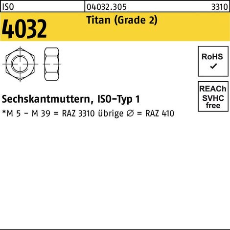 Sechskantmutter ISO 4032 M 6 x 1 Titanlegierung blank 50 Stk