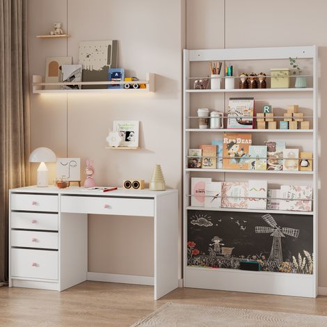 Escritorio y estantería para libros ilustrados, conjunto de muebles infantiles, muebles de estudio, conjunto de escritorio y estantería de 2 piezas, conjunto blanco (1/5)