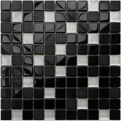 Mosaïque de plâtre naturel et inserts en Vestro sur filet pour salle de bain ou cuisine - 30cm x 30cm - Crushed Volcano silver (1/3)