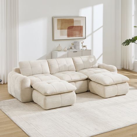 Canapé u modulable 264x160x68 cm – canapé lounge 3 places avec pouf assise épaisse modules séparables – chenille – beige (1/5)