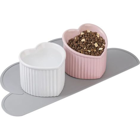 （14×14×12cm）Set of 2 Double Raised Ceramic Cat Bowls - Raised Cat Bowls with Non-Slip Mat - Anti-Vomiting Cat Food Bowl - Cat Food and Water Bowl - Cat Bowl