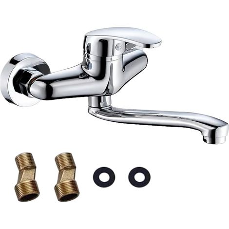 Robinet Mural Cuisine, Pivotant à 360° Robinet Mélangeur, Mitigeur mural pour montage mural, Robinet de Cuisine Mural Mitigeur d'évier, Mitigeur monocommande froid et chaud - Bras Pivotant 20cm (1/5)