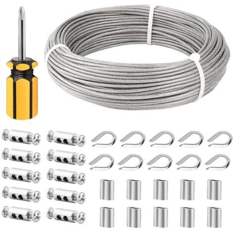 50M/3mm Cable Métallique,3mm Cable Acier Revêtu,3mm Corde en Acier Inoxydable à Suspendre,Cable inox avec Manchons de Câble Métallique,Serre-Câbles M3,Cosses en Acier Inoxydable,Tournevis (1/5)
