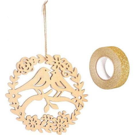 Décor à suspendre en bois - YOUDOIT - Hirondelles 22x22 cm - bois brut - motif oiseaux & couronne - masking tape doré 5m