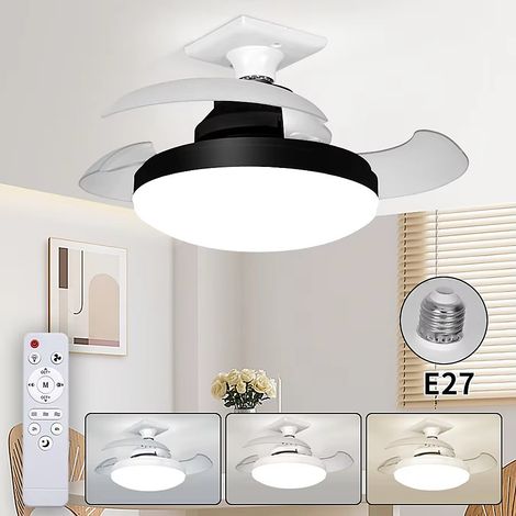 Plafonnier LED rétractable, E27, petit format, intensité variable 3 couleurs, 3 vitesses de ventilation, sans socle (38 cm) (1/5)