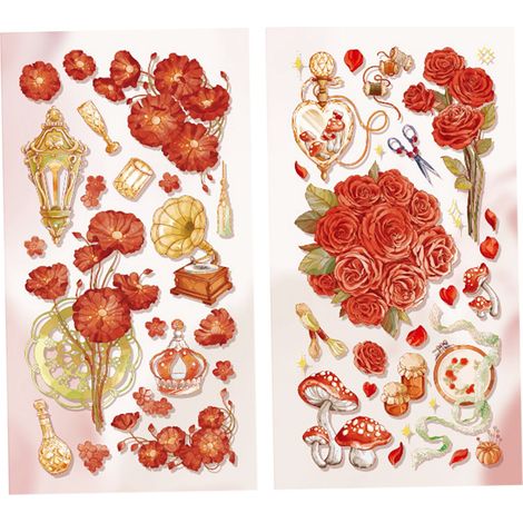 Lot de 2 autocollants vintage pour scrapbooking, motif fleurs, dorés, faciles à appliquer et durables, pour journal intime (rouge).