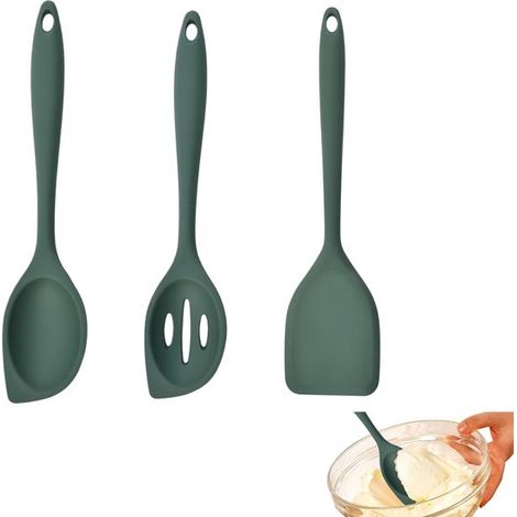 Ensemble 3 pièces - Cuillère en silicone - Cuillère de mélange antiadhésive - Pour mélanger et transvaser les aliments - Convient pour la cuisson, la pâtisserie et la remise 28 cm (vert foncé) (1/5)